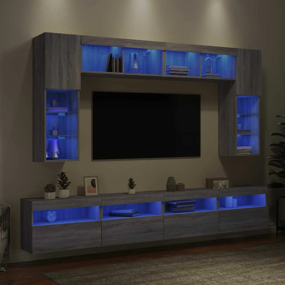 TV staliukas Sieninės TV spintelės su LED lemputėmis, 8vnt., pilkos ąžuolo