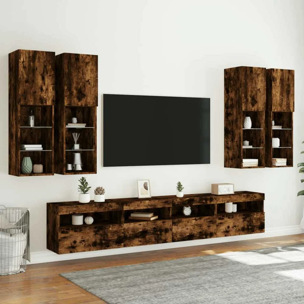 TV staliukas Sieninės TV spintelės su LED lemputėmis, 7vnt., dūminės ąžuolo