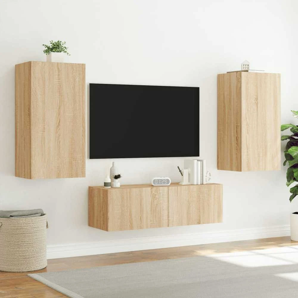 TV staliukas Sieninės TV spintelės su LED lemputėmis, 3 dalių, ąžuolo