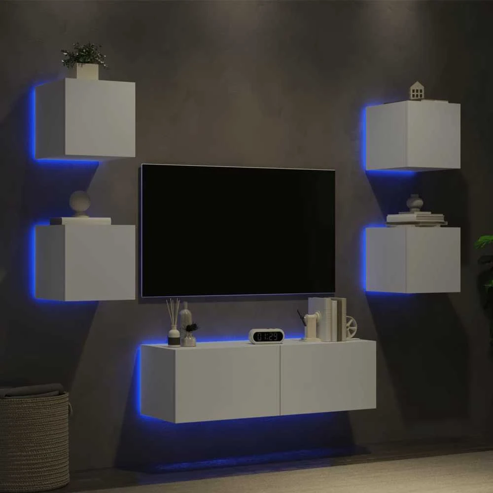 TV staliukas Sieninės TV spintelės su LED lemputėmis, 5 dalių, baltos