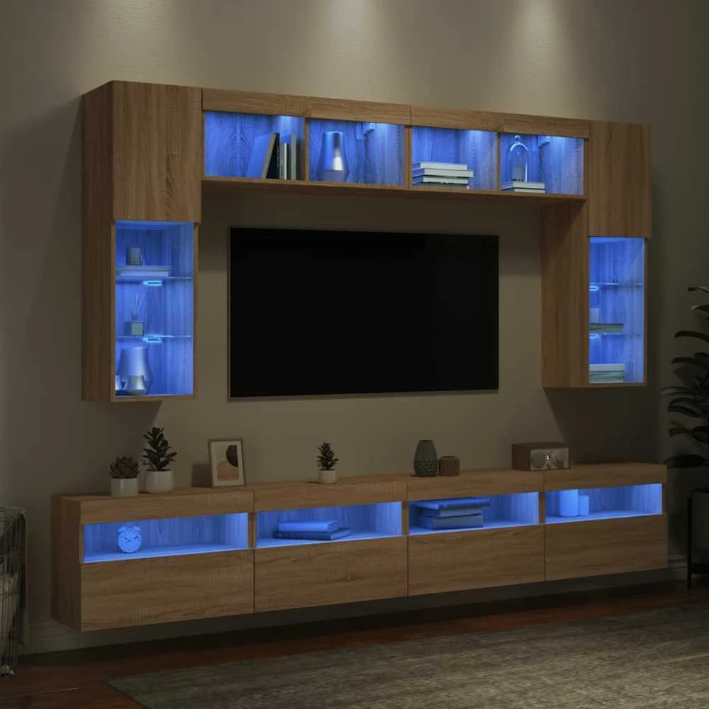 TV staliukas Sieninės TV spintelės su LED lemputėmis, 8vnt., ąžuolo spalvos
