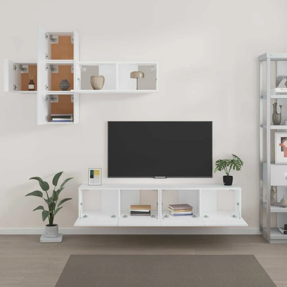 TV staliukas Televizoriaus spintelių komplektas, 7 dalių, baltas, mediena