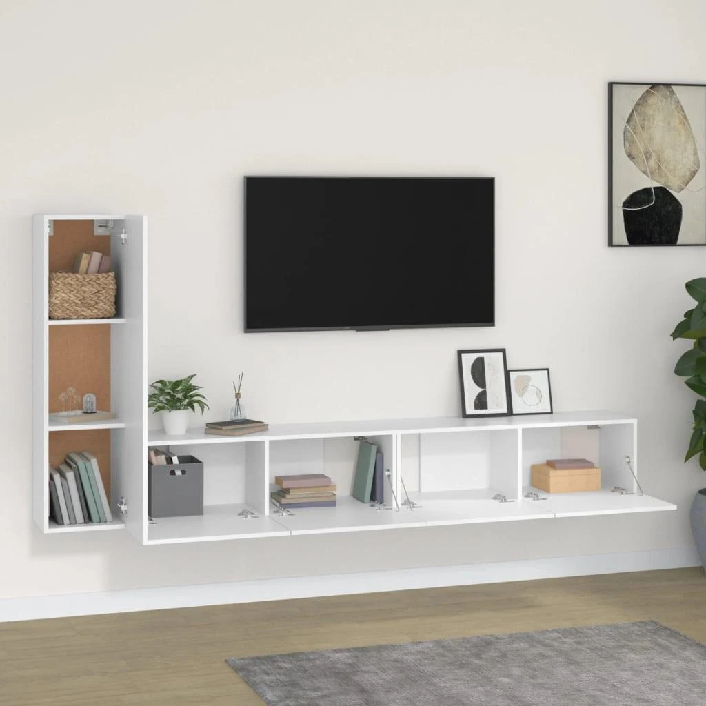 TV staliukas Televizoriaus spintelių komplektas, 3 dalių, baltas, mediena