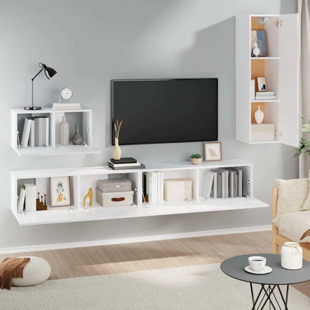 TV staliukas Televizoriaus spintelių komplektas, 4 dalių, baltas, mediena
