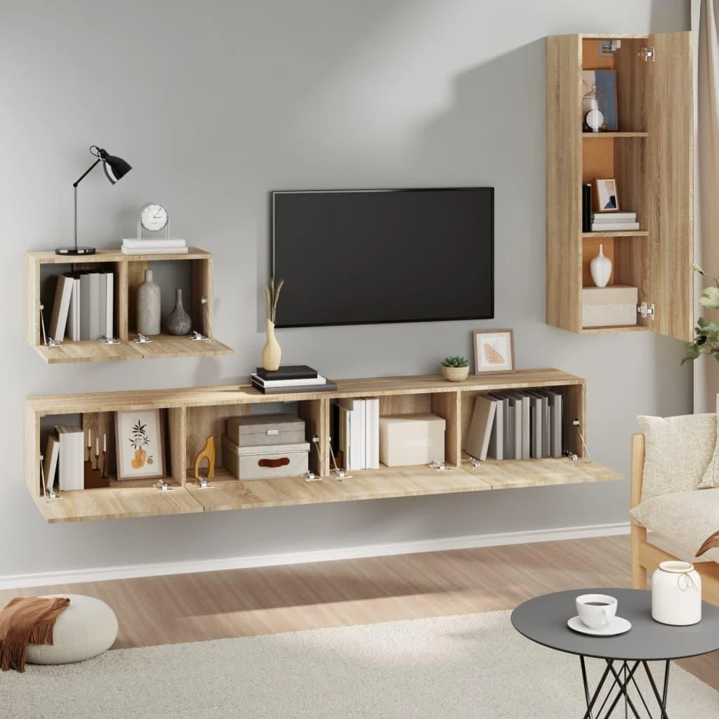 TV staliukas Televizoriaus spintelių komplektas, 4 dalių, ąžuolo, mediena