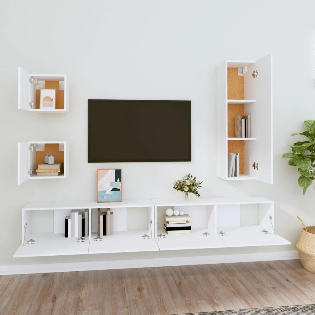TV staliukas Televizoriaus spintelių komplektas, 5 dalių, baltas, mediena