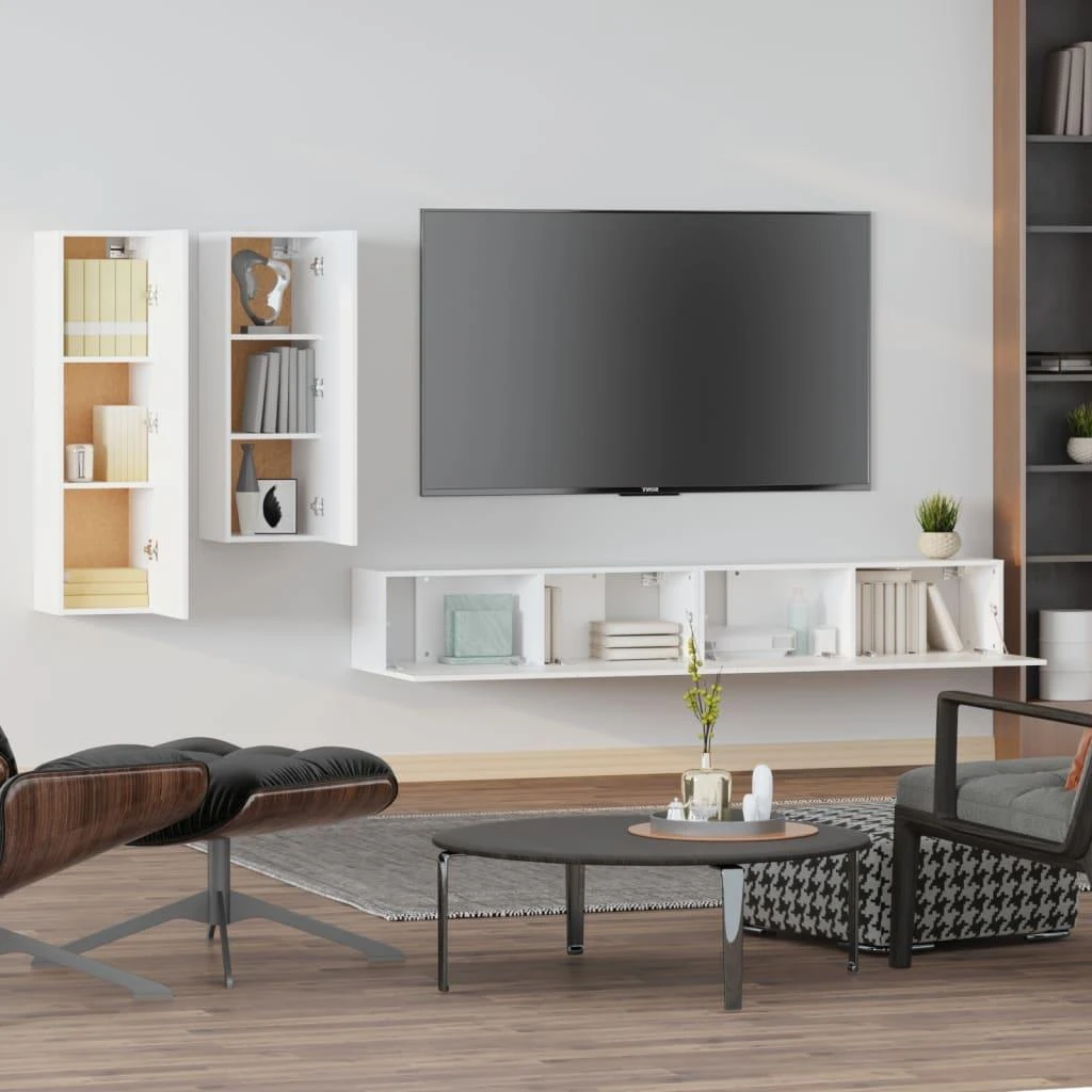 TV staliukas Televizoriaus spintelių komplektas, 4 dalių, baltas, mediena