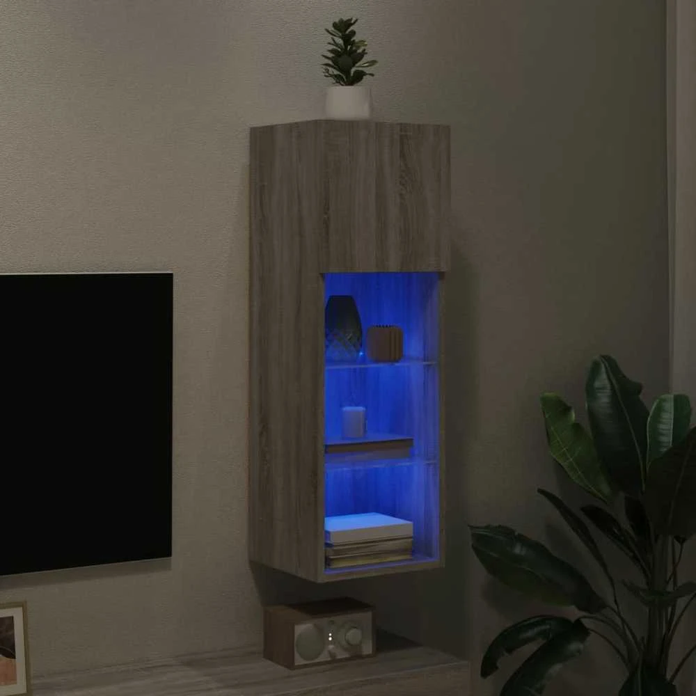 TV staliukas TV spintelė su LED lemputėmis, pilka ąžuolo, 30,5x30x90cm