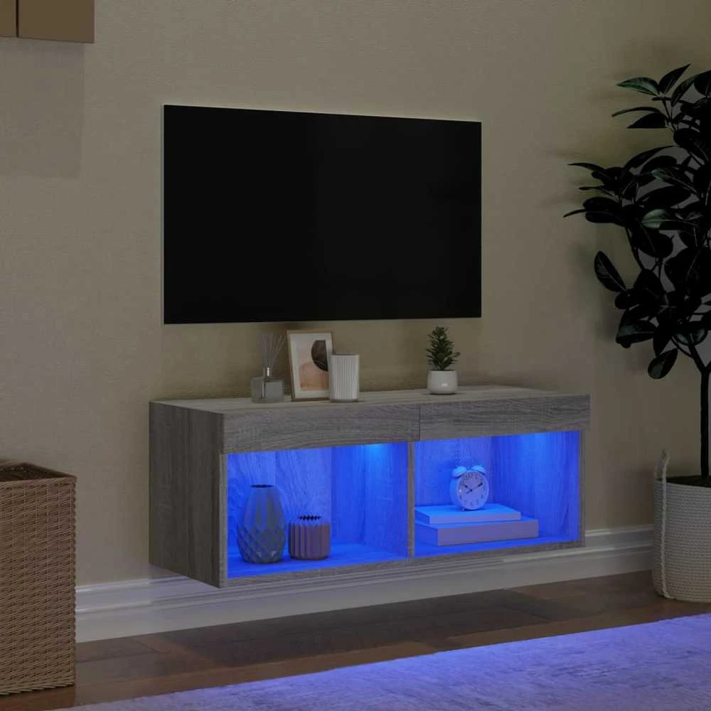 TV staliukas TV spintelė su LED lemputėmis, pilka ąžuolo, 80x30x30cm