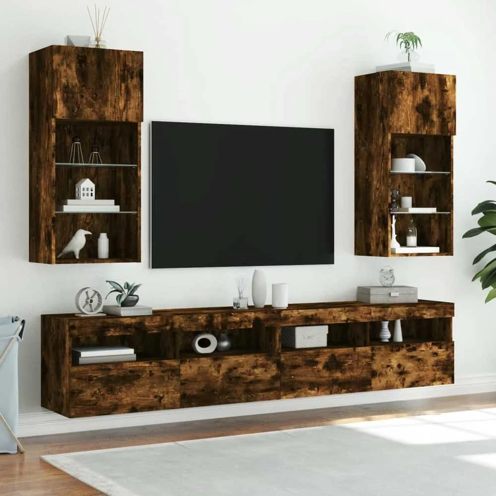 TV staliukas TV spintelė su LED lemputėmis, dūminio ąžuolo, 40,5x30x90cm