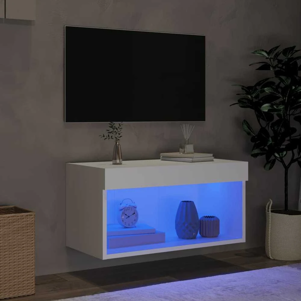 TV staliukas TV spintelė su LED lemputėmis, baltos spalvos, 60x30x30cm