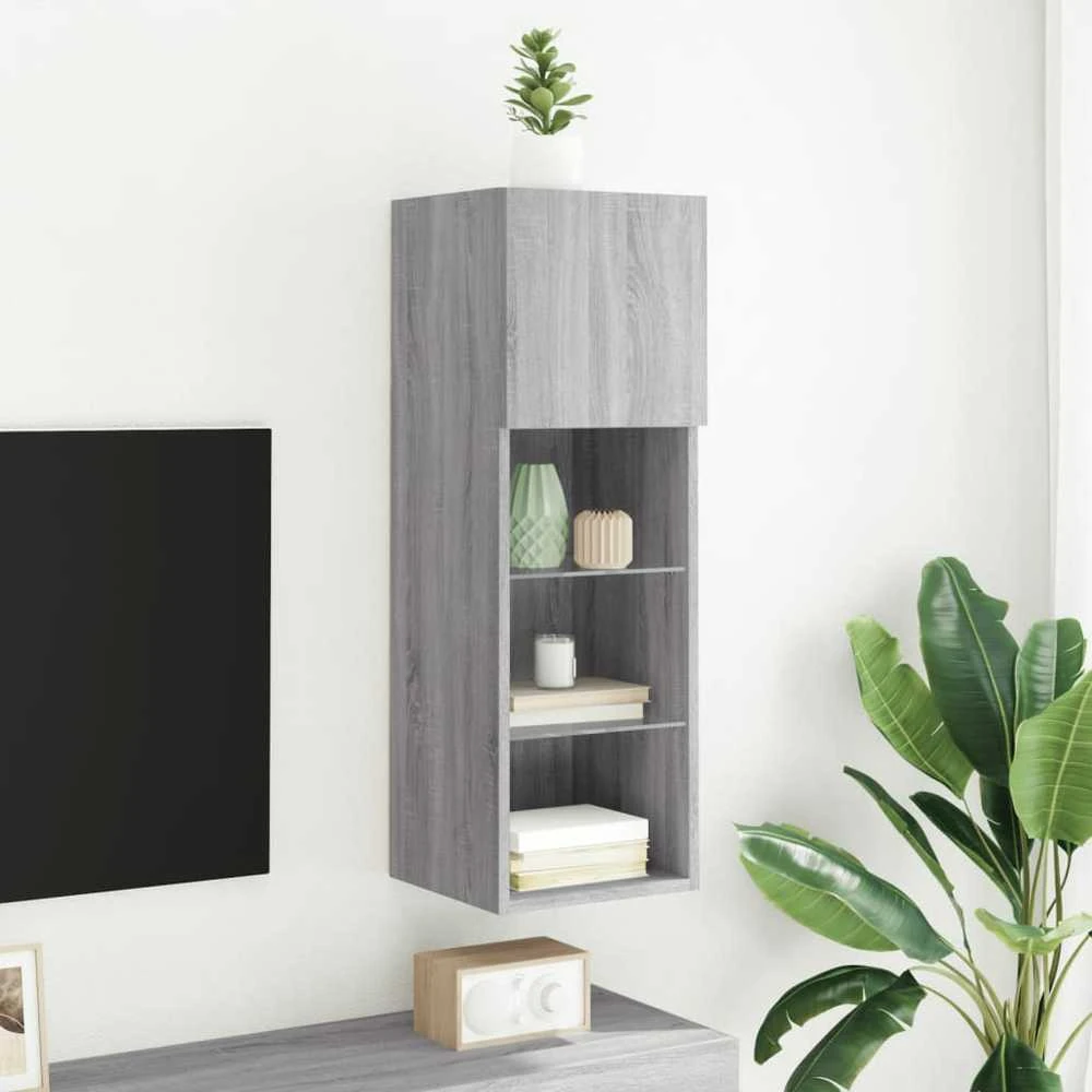TV staliukas TV spintelė su LED lemputėmis, pilka ąžuolo, 30,5x30x90cm