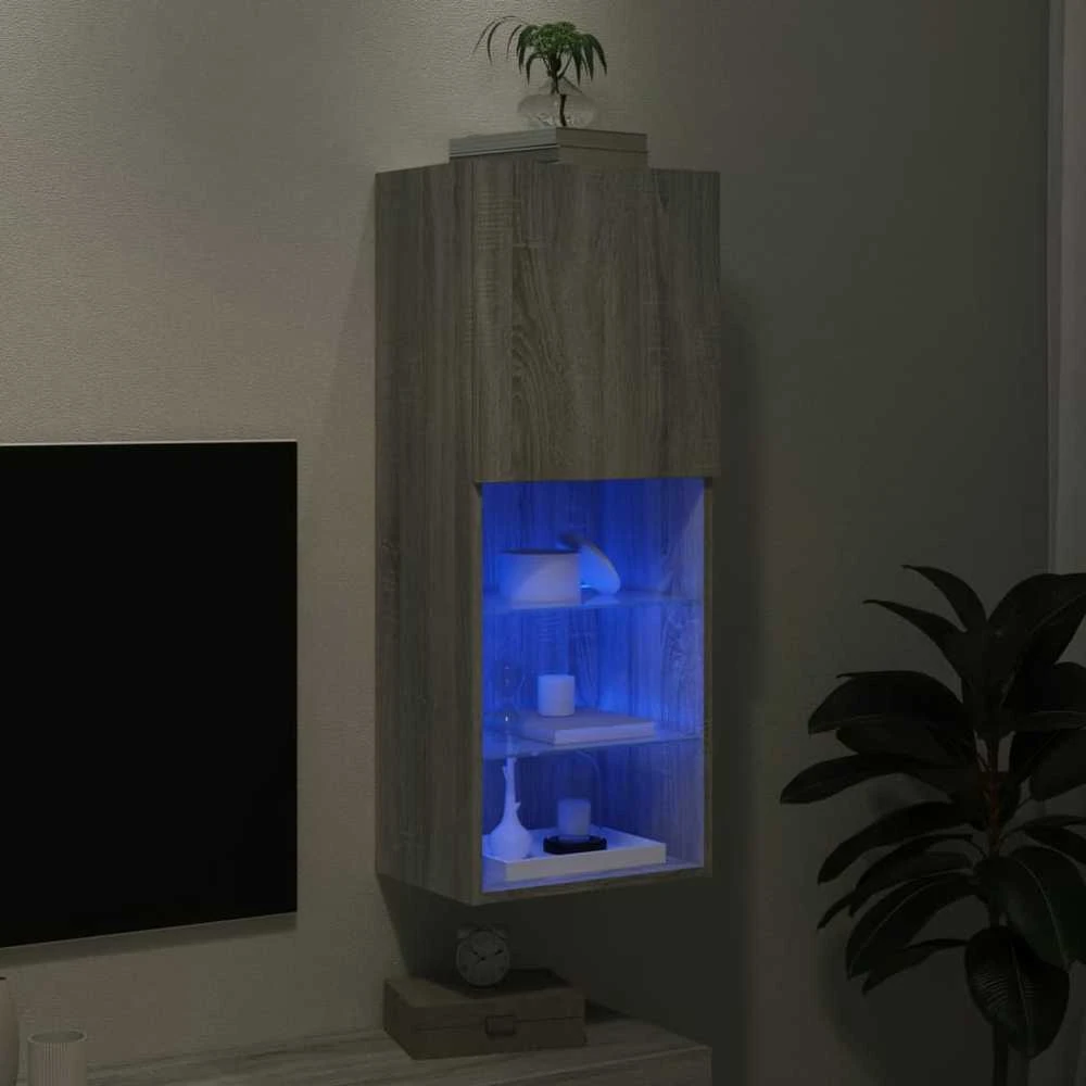 TV staliukas TV spintelė su LED lemputėmis, pilka ąžuolo, 40,5x30x102cm