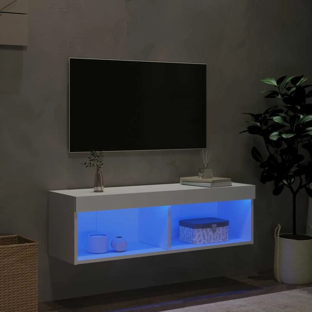 TV staliukas TV spintelė su LED lemputėmis, baltos spalvos, 100x30x30cm