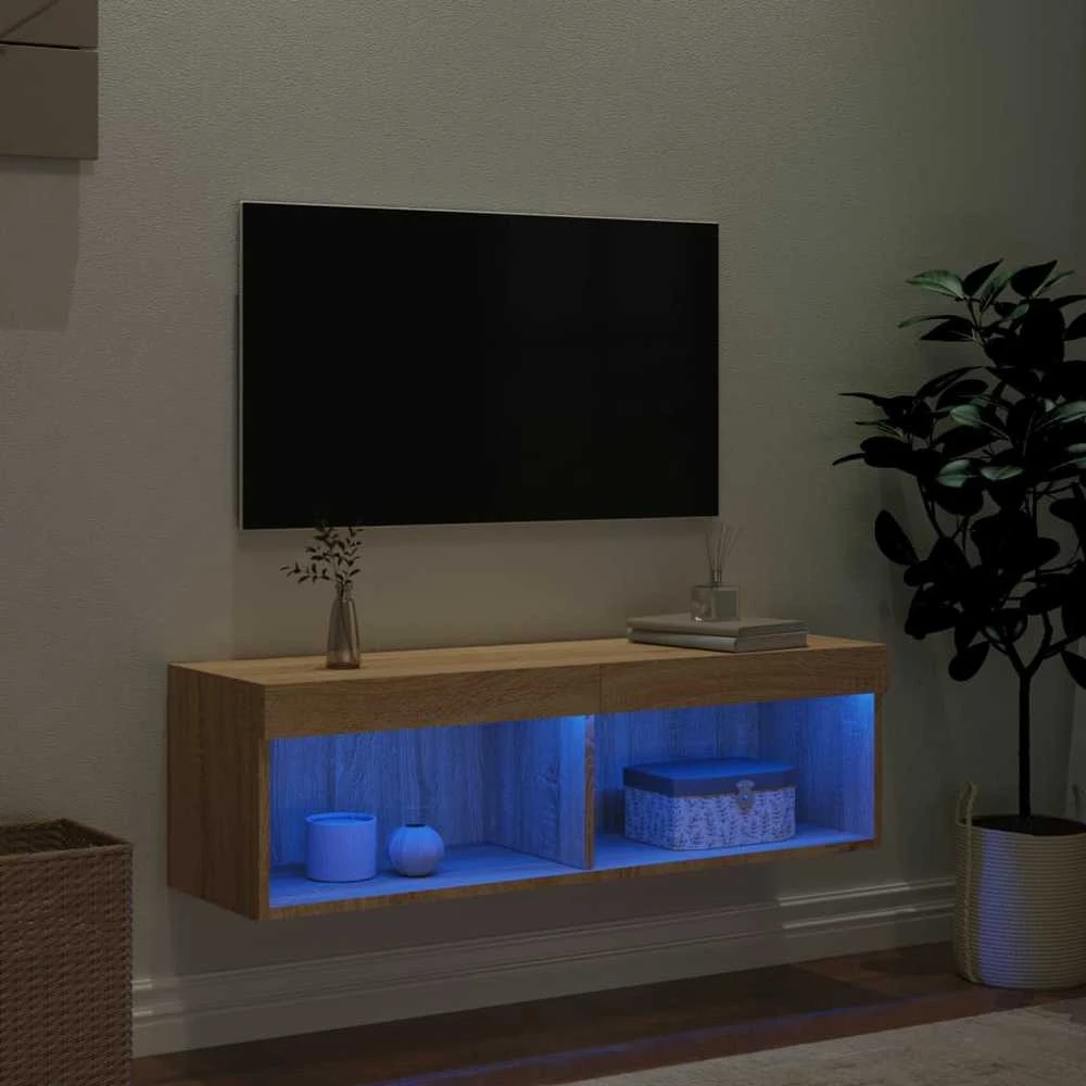 TV staliukas TV spintelė su LED lemputėmis, ąžuolo spalvos, 100x30x30cm