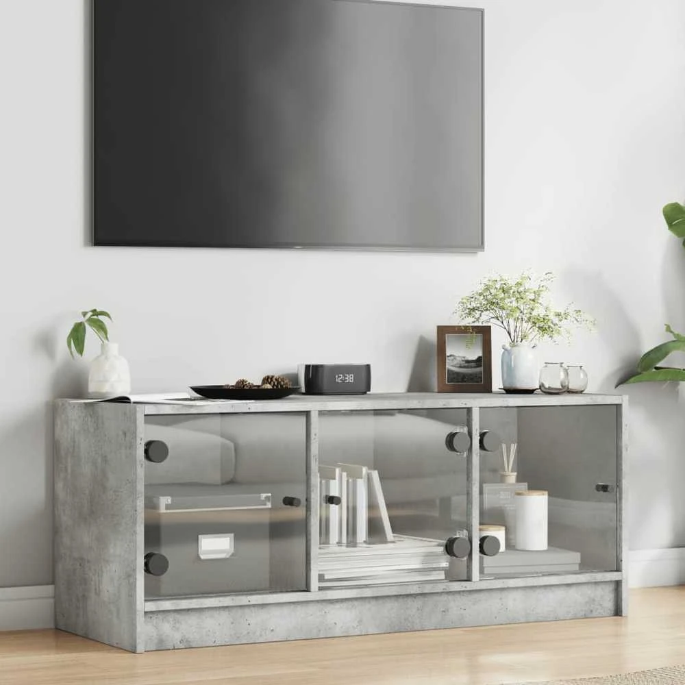 TV staliukas TV spintelė su stiklinėmis durelėmis, betono, 102x37x42cm