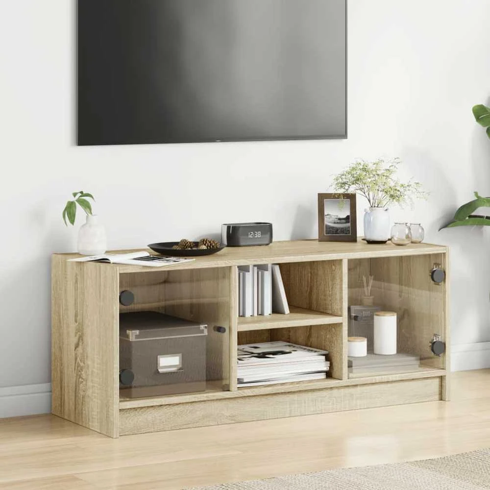 TV staliukas TV spintelė su stiklinėmis durelėmis, ąžuolo, 102x37x42cm