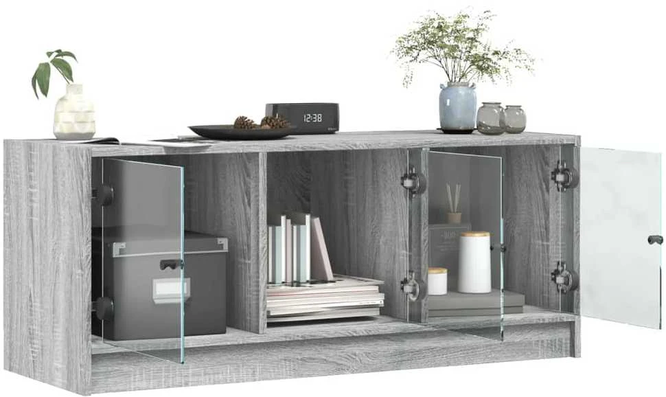 TV staliukas TV spintelė su stiklinėmis durelėmis, pilka ąžuolo, 102x37x42cm