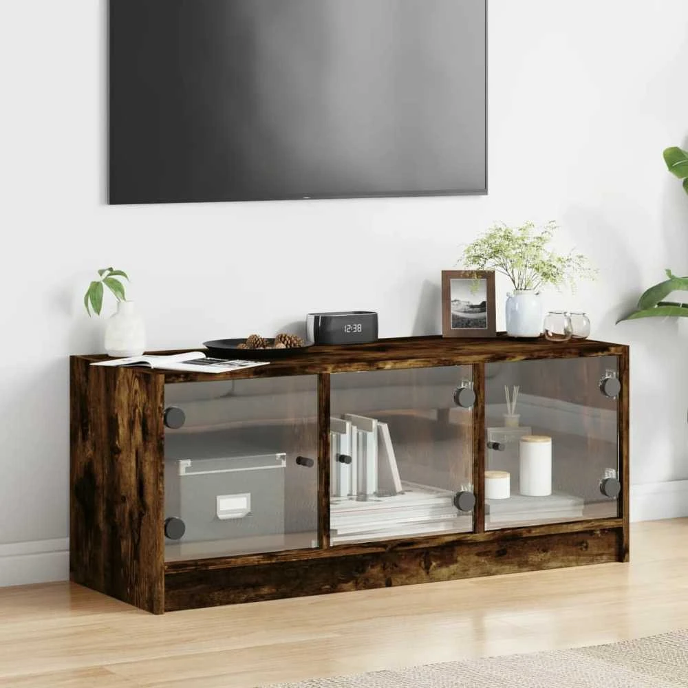 TV staliukas TV spintelė su stiklinėmis durelėmis, dūminė, 102x37x42cm