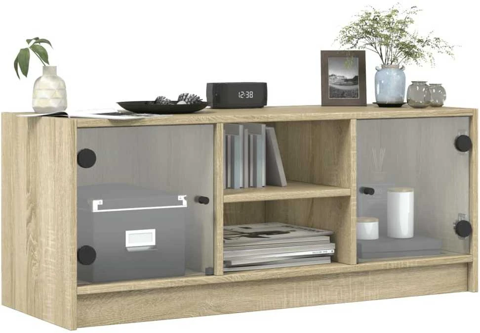 TV staliukas TV spintelė su stiklinėmis durelėmis, ąžuolo, 102x37x42cm
