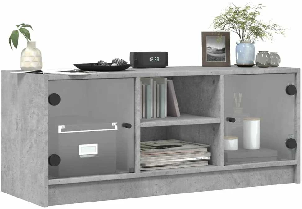 TV staliukas TV spintelė su stiklinėmis durelėmis, betono, 102x37x42cm