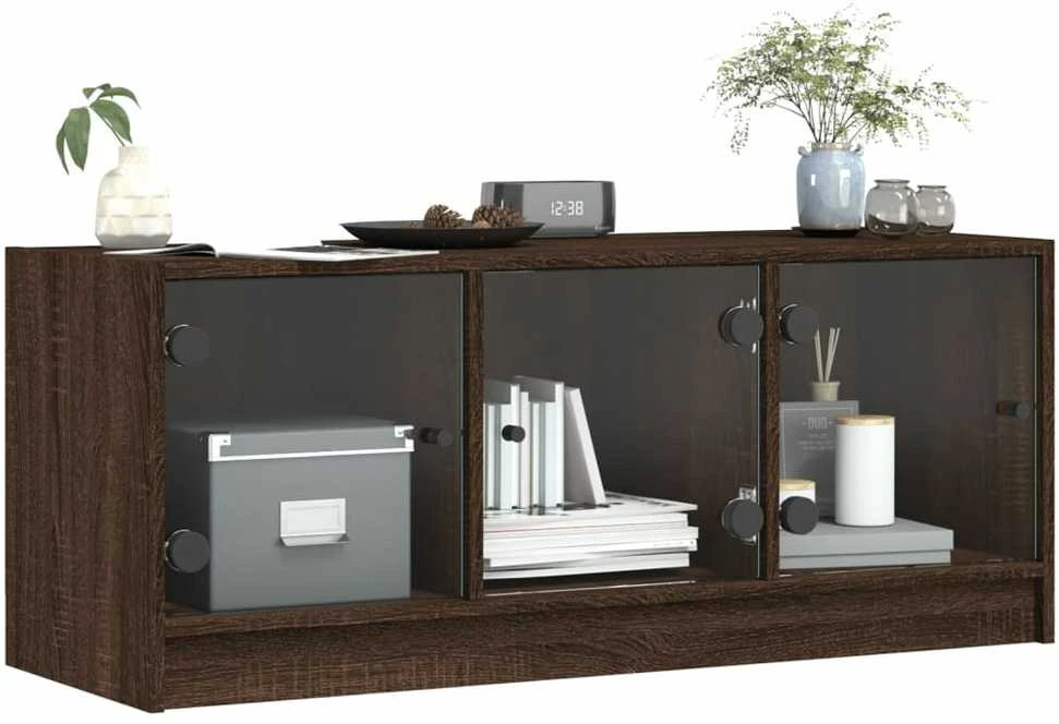 TV staliukas TV spintelė su stiklinėmis durelėmis, ruda ąžuolo, 102x37x42cm