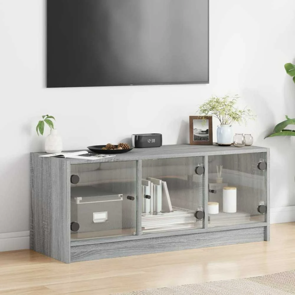 TV staliukas TV spintelė su stiklinėmis durelėmis, pilka ąžuolo, 102x37x42cm