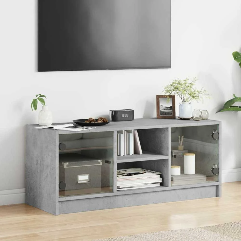 TV staliukas TV spintelė su stiklinėmis durelėmis, betono, 102x37x42cm