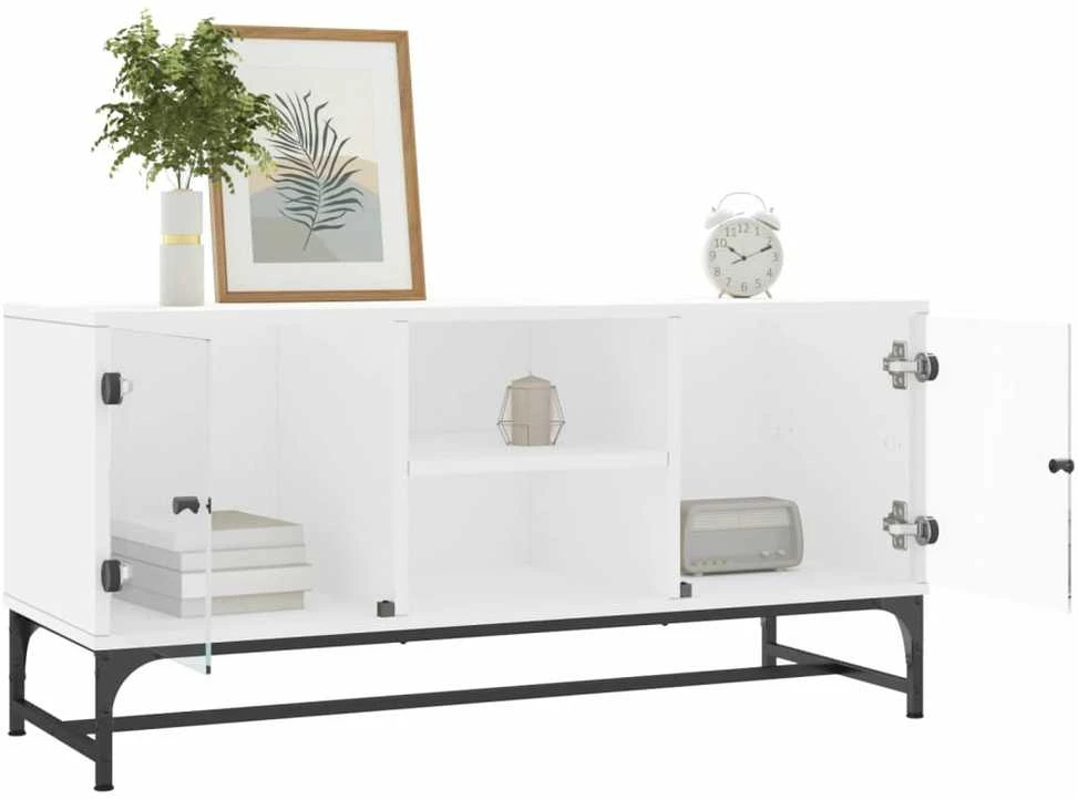 TV staliukas TV spintelė su stiklinėmis durelėmis, balta, 102x37x50cm