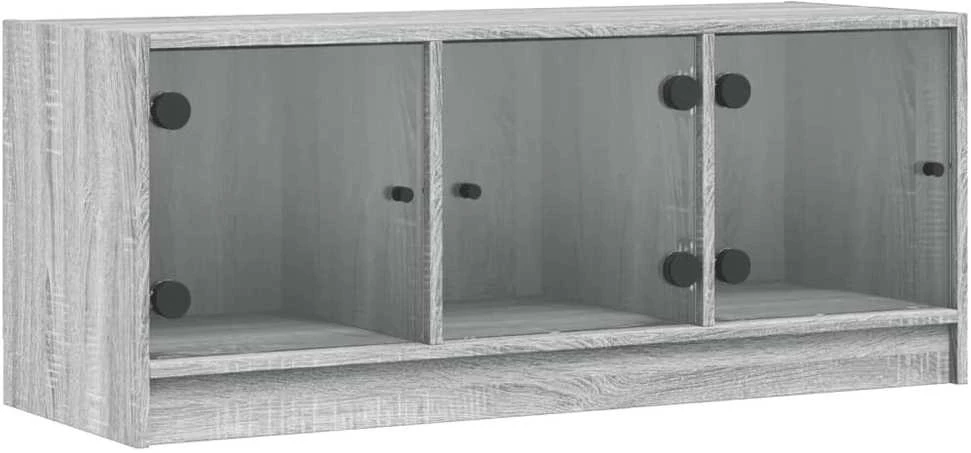 TV staliukas TV spintelė su stiklinėmis durelėmis, pilka ąžuolo, 102x37x42cm