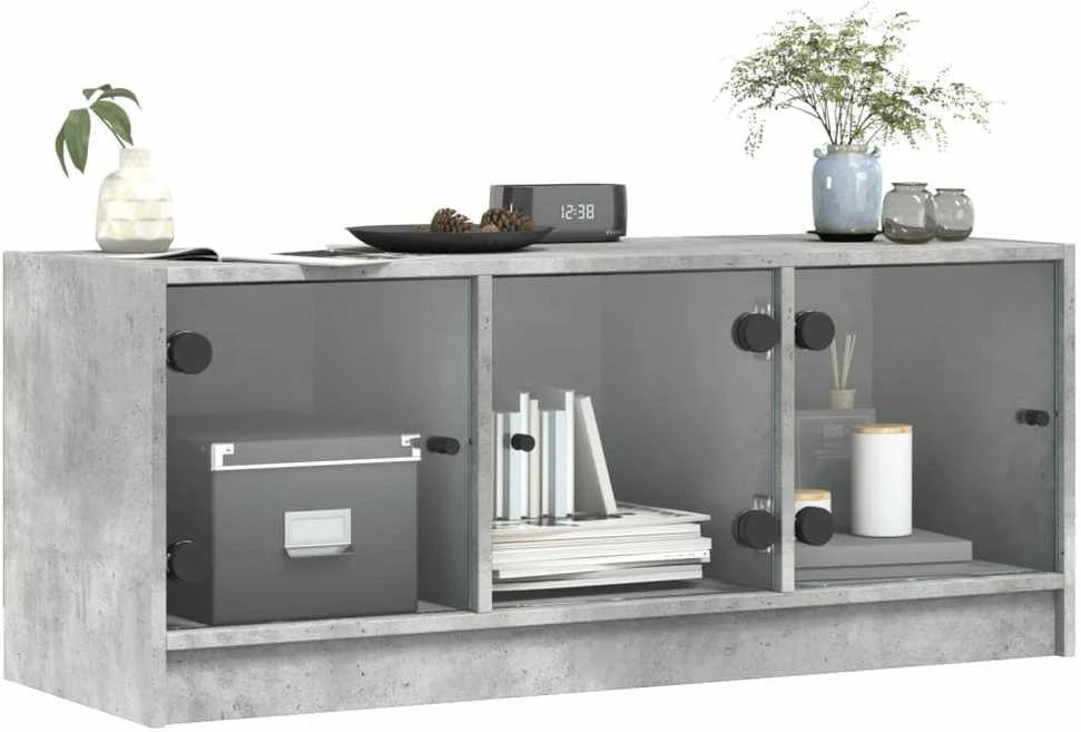 TV staliukas TV spintelė su stiklinėmis durelėmis, betono, 102x37x42cm