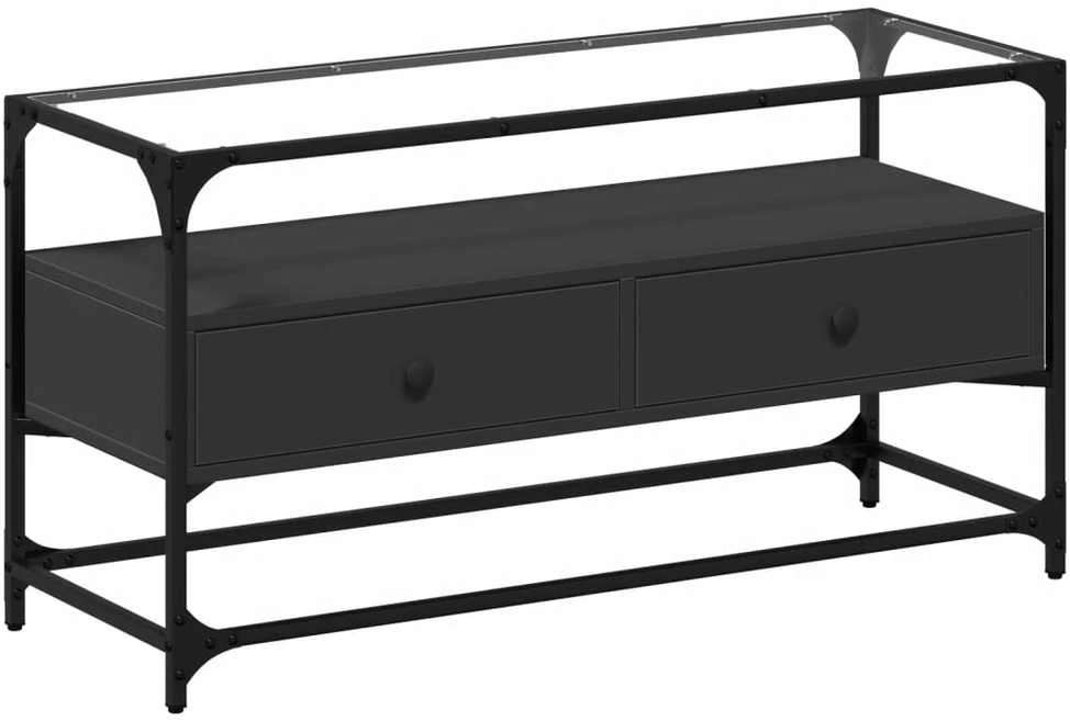 TV staliukas TV spintelė su stikliniu stalviršiu, juoda, 98x35x51cm, mediena