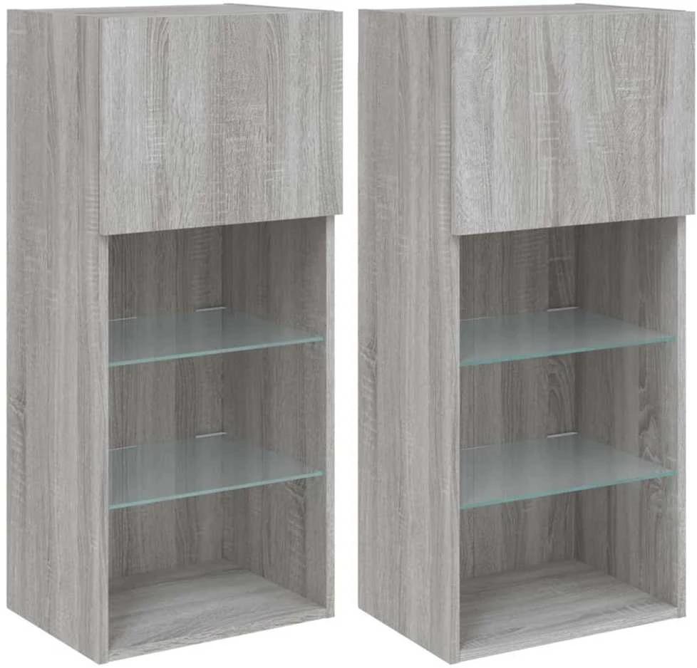 TV staliukas TV spintelės su LED, 2vnt., pilkos ąžuolo, 40,5x30x90cm