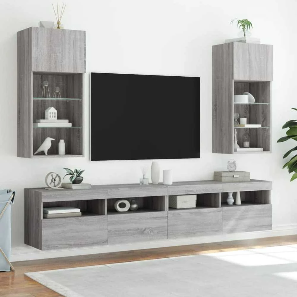 TV staliukas TV spintelės su LED, 2vnt., pilkos ąžuolo, 40,5x30x90cm
