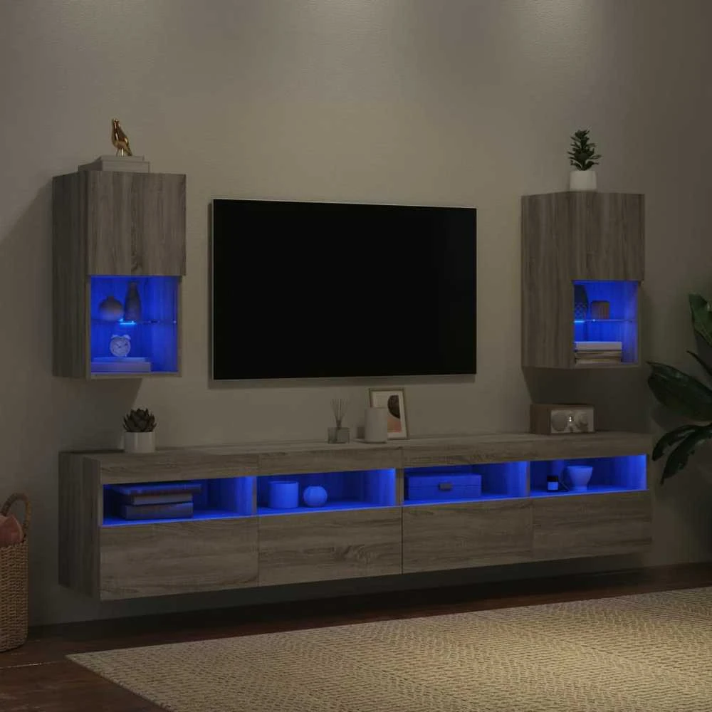 TV staliukas TV spintelės su LED, 2vnt., pilkos ąžuolo, 30,5x30x60cm