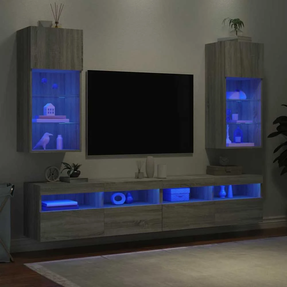TV staliukas TV spintelės su LED, 2vnt., pilkos ąžuolo, 40,5x30x90cm