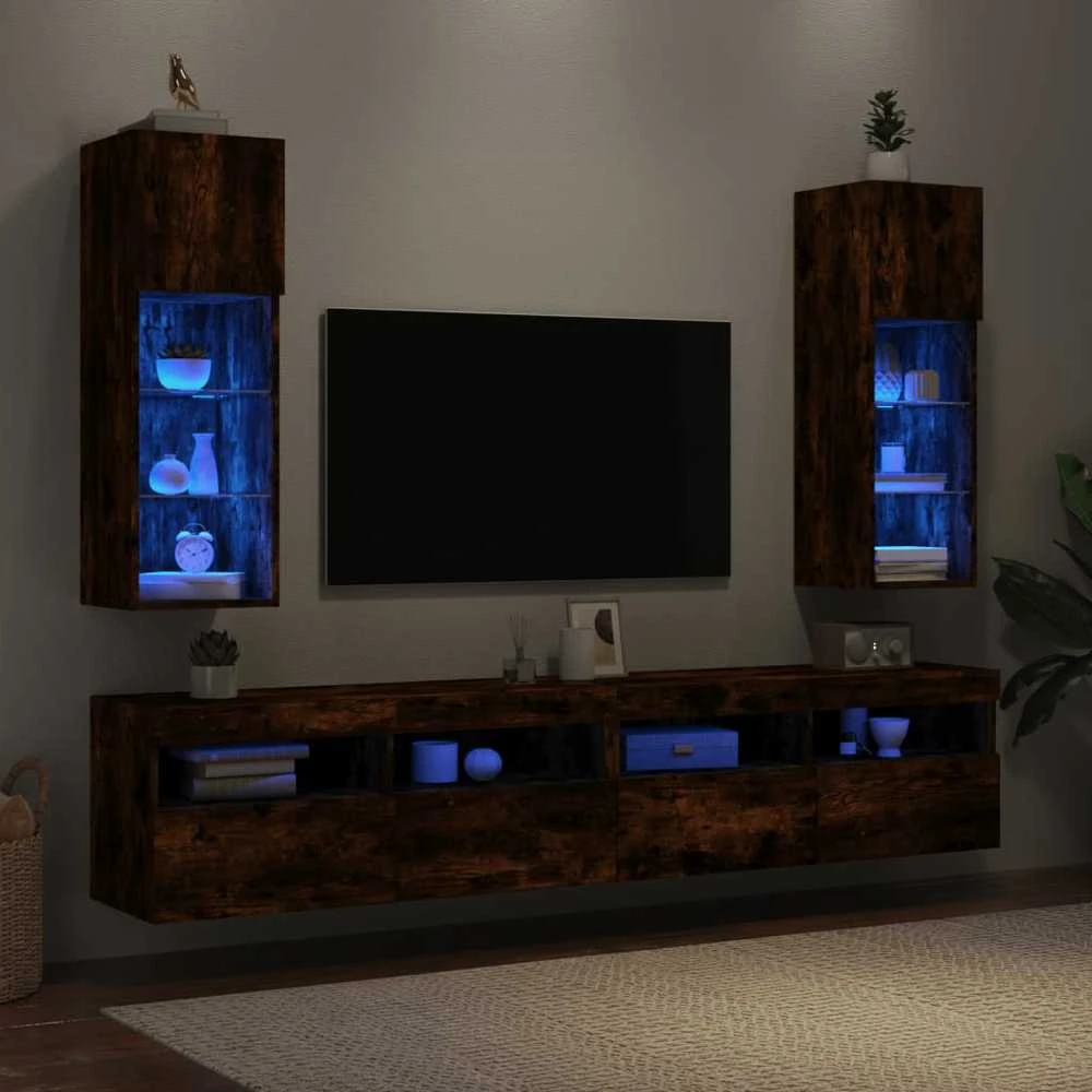 TV staliukas TV spintelės su LED, 2vnt., dūminio ąžuolo, 30,5x30x90cm