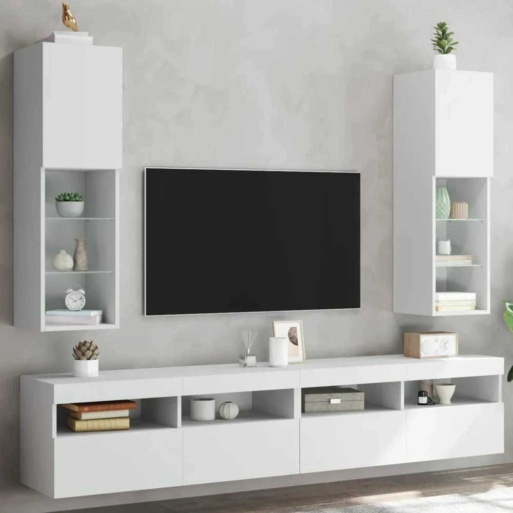 TV staliukas TV spintelės su LED lemputėmis, 2vnt., baltos, 30,5x30x102cm