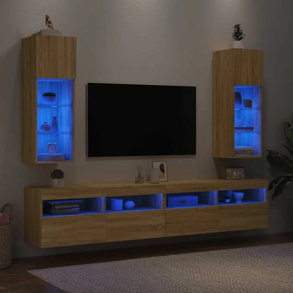 TV staliukas TV spintelės su LED lemputėmis, 2vnt., ąžuolo, 30,5x30x90cm