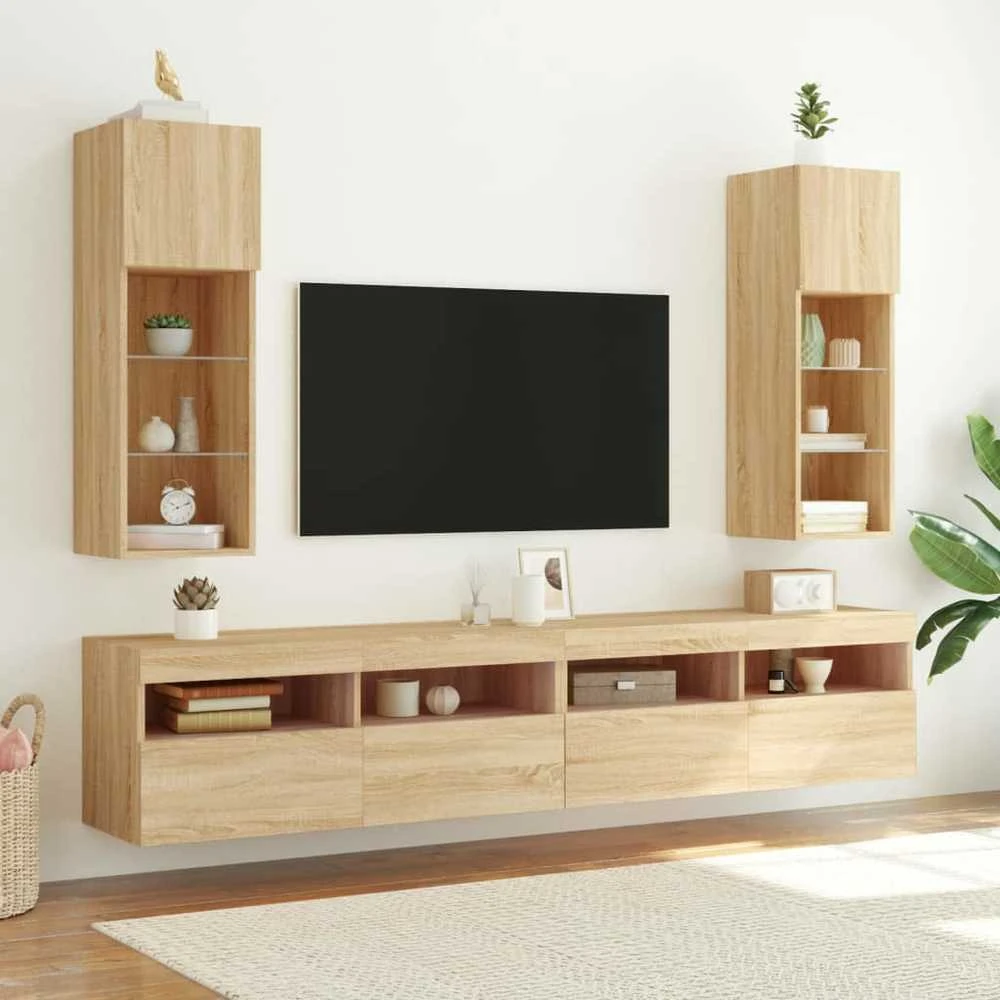 TV staliukas TV spintelės su LED lemputėmis, 2vnt., ąžuolo, 30,5x30x90cm