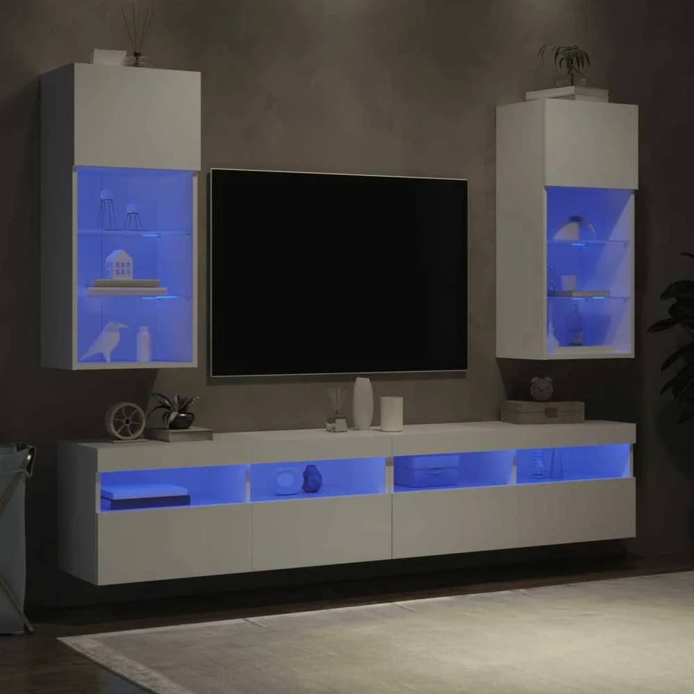 TV staliukas TV spintelės su LED lemputėmis, 2vnt., baltos, 40,5x30x90cm