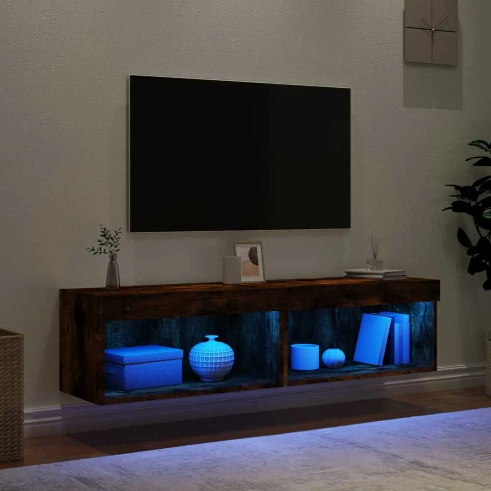 TV staliukas TV spintelės su LED lemputėmis, 2vnt., dūminės, 60x30x30cm