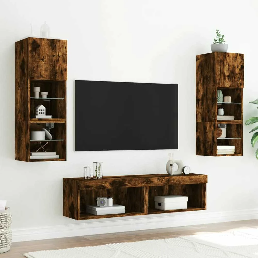 TV staliukas TV spintelės su LED lemputėmis, 2vnt., dūminės, 60x30x30cm