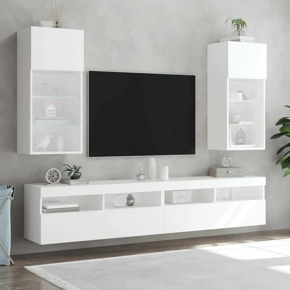 TV staliukas TV spintelės su LED lemputėmis, 2vnt., baltos, 40,5x30x90cm