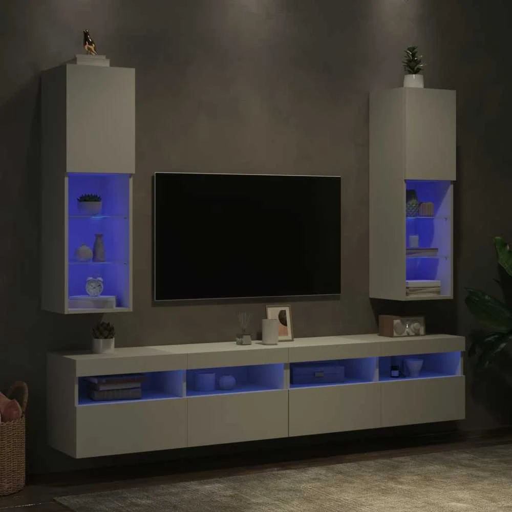 TV staliukas TV spintelės su LED lemputėmis, 2vnt., baltos, 30,5x30x102cm