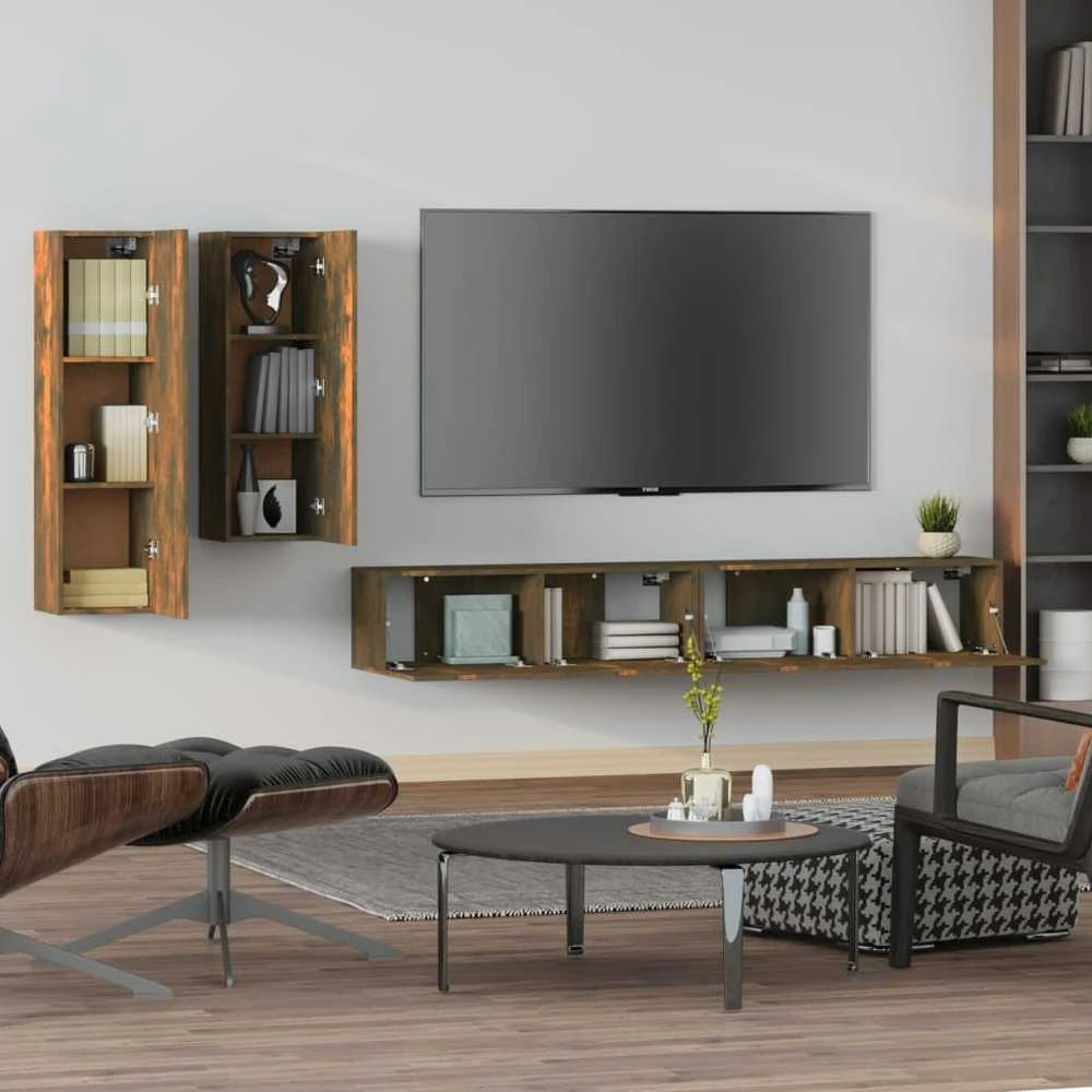 TV staliukas TV spintelių komplektas, 4 dalių, dūminio ąžuolo, mediena
