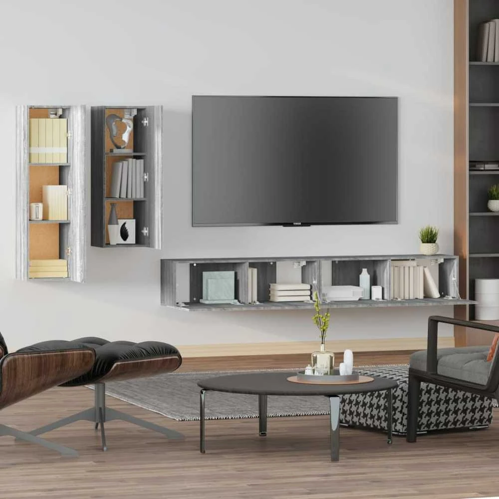 TV staliukas TV spintelių komplektas, 4 dalių, pilkas ąžuolo, mediena