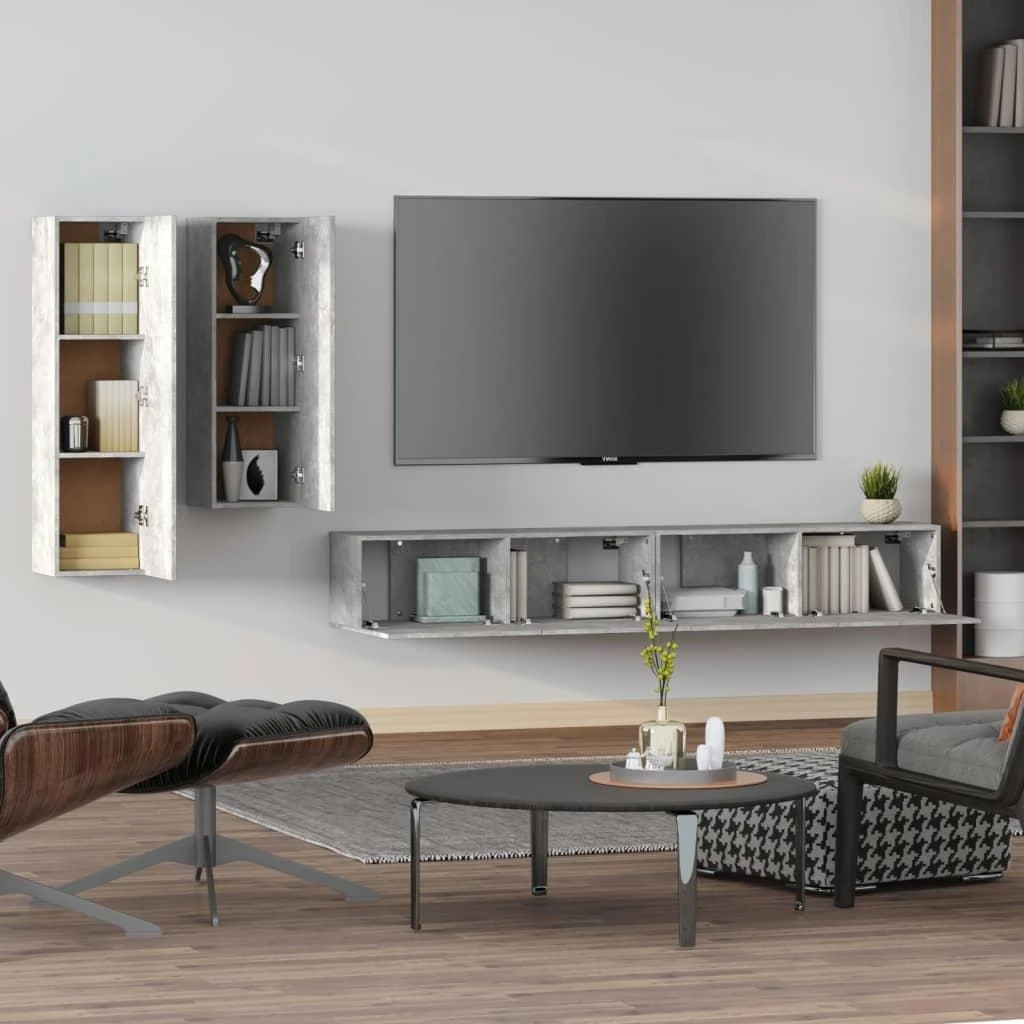 TV staliukas TV spintelių komplektas, 4 dalių, betono pilkas, mediena