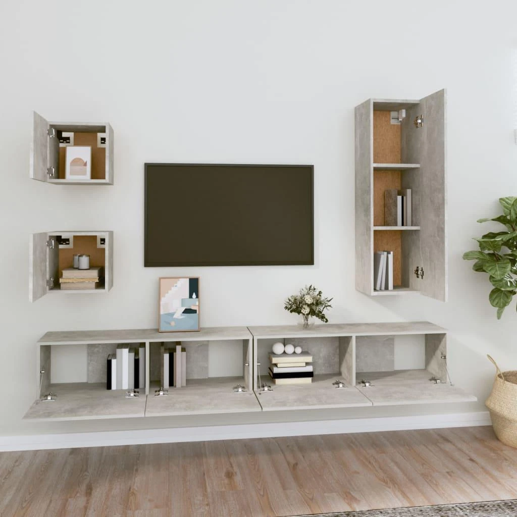 TV staliukas TV spintelių komplektas, 5 dalių, betono pilkas, mediena