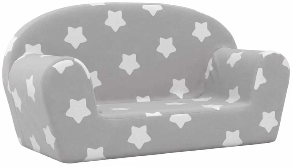 Vaikiška dvivietė sofa, pilka, minkštas pliušas, su žvaigždėmis